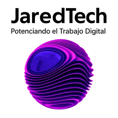 "Logotipo de JaredTech con una figura abstracta en tonos morados y azules, reflejando tecnología e innovación" "Logotipo de JaredTech con diseño geométrico en tonos morados y azules, con el texto 'Potenciando el Trabajo Digital' y una figura abstracta tridimensional"