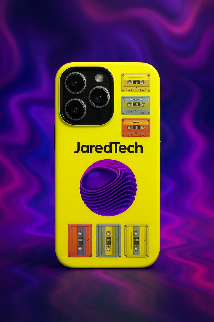 Smartphone con funda amarilla de diseño único, con el logo de JaredTech y elementos retro.