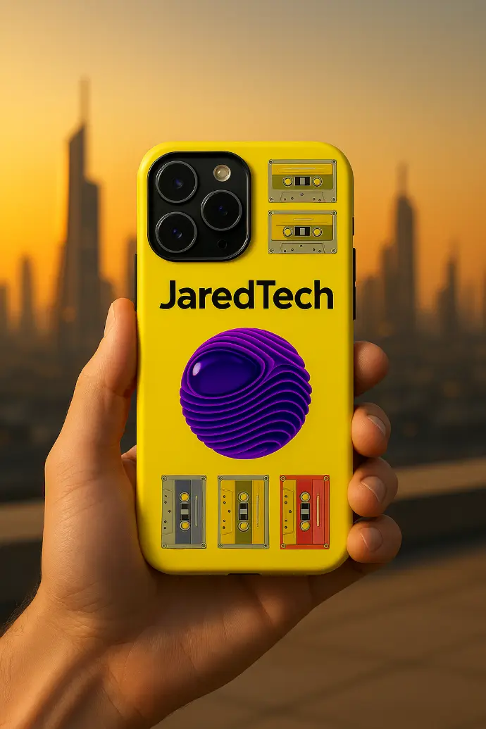 Smartphone con funda amarilla con el logo de JaredTech y elementos retro, incluyendo cassettes y una esfera texturizada.