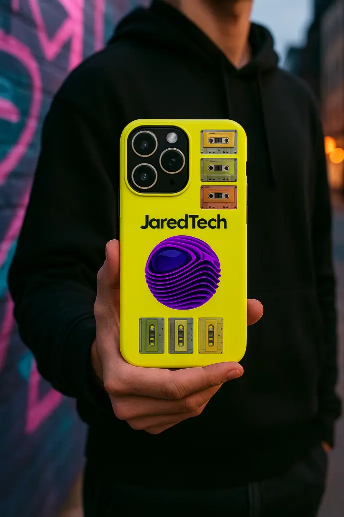 Smartphone con funda amarilla de diseño único, con el logo de JaredTech y elementos retro.