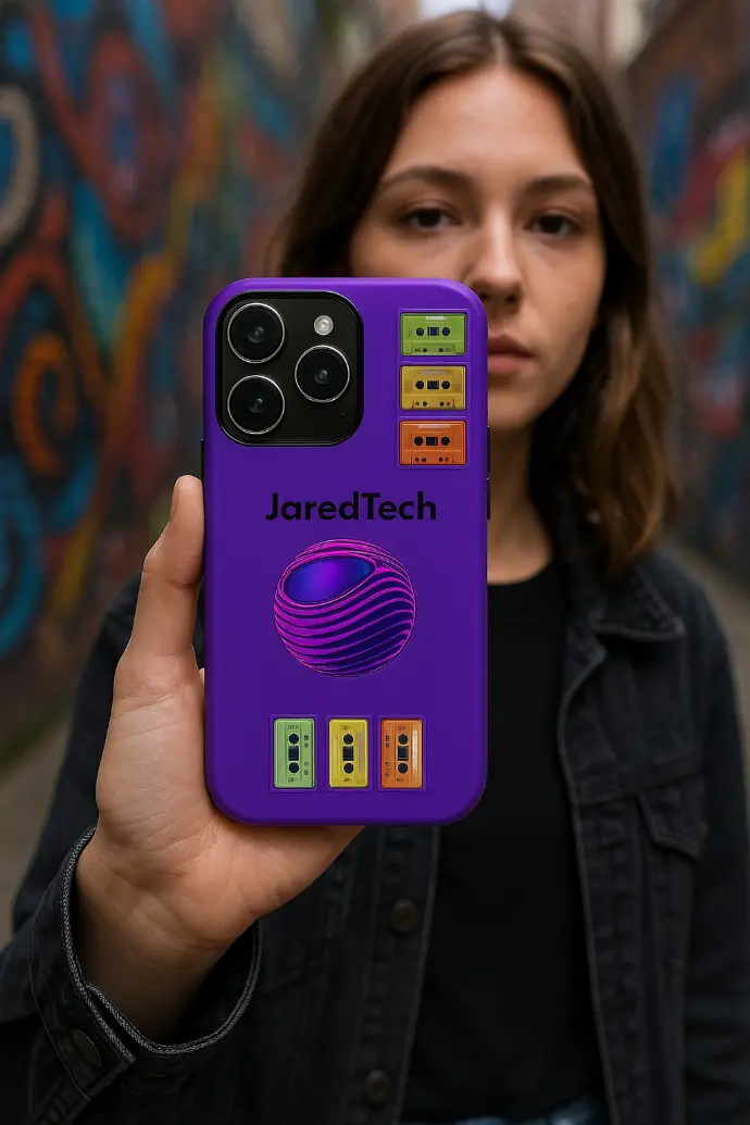 alt="Funda morada mate para iPhone 15 con logotipo JaredTech, esfera translúcida y cassettes retro, sostenida por una persona en un entorno urbano con graffiti."  