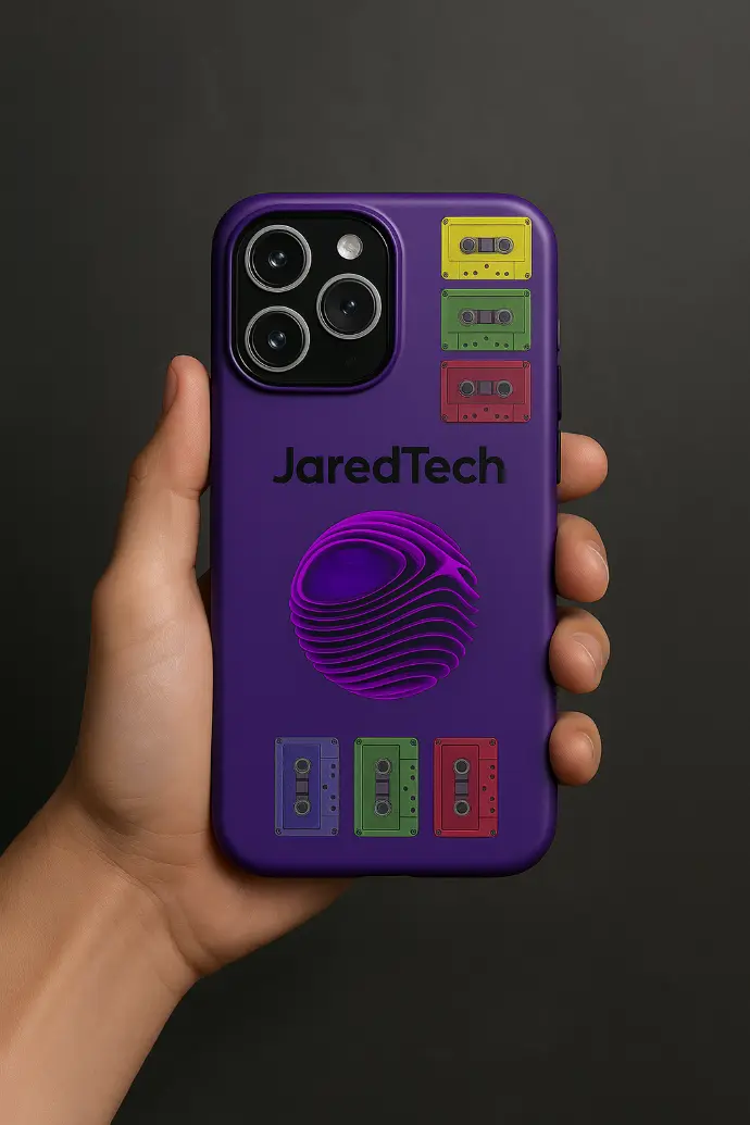 alt="Funda morada mate para iPhone 15 con logotipo JaredTech, esfera translúcida en tonos púrpura y azul, y seis cassettes retro en amarillo, verde y rojo, sostenida en una mano sobre un fondo urbano."  