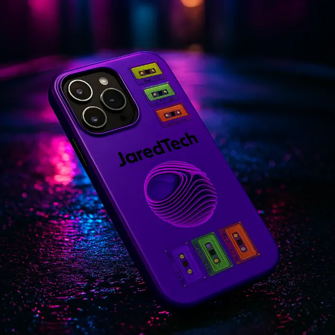 alt="Funda morada mate para iPhone 15 con logotipo JaredTech en negro, esfera translúcida con anillos y cassettes retro en tonos amarillo, verde y naranja, sobre un fondo urbano iluminado."  
