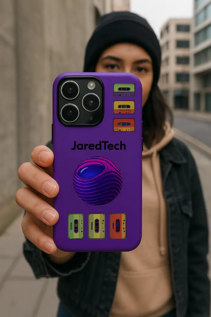 alt="Funda morada mate para iPhone 15 con logotipo JaredTech, esfera translúcida en tonos púrpura y azul, y cassettes retro en verde, amarillo, naranja y rojo, sostenida en un entorno urbano."  