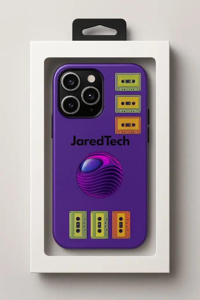 alt="Funda morada mate para iPhone 15 en empaque blanco con asa negra, diseño retro-futurista con logotipo JaredTech, esfera translúcida y cassettes coloridos."  