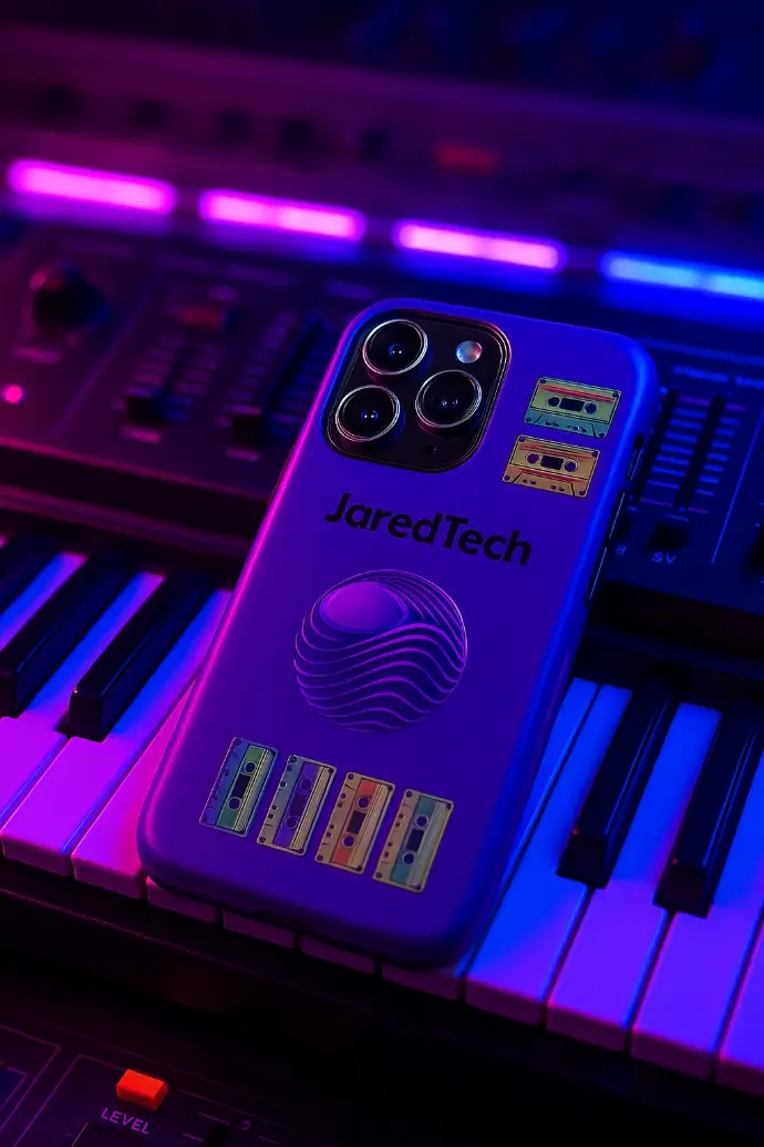 alt="Funda morada mate para iPhone 15 con logotipo JaredTech, esfera translúcida y cassettes retro, colocada sobre un teclado iluminado con efectos de luz."  